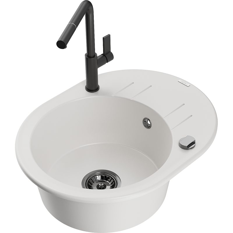 Mexen Kevin lavello in granito 1-vasca con gocciolatoio e rubinetto da cucina Flora, bianco - 6517-20-670401-70-B