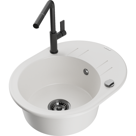 Mexen Kevin évier en granit à 1 bac avec égouttoir et robinet de cuisine Flora, blanc - 6517-20-670401-70-B