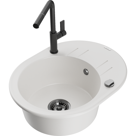 Mexen Kevin fregadero de granito de 1 compartimento con escurridor y grifo de cocina Flora, blanco - 6517-20-670401-70-B