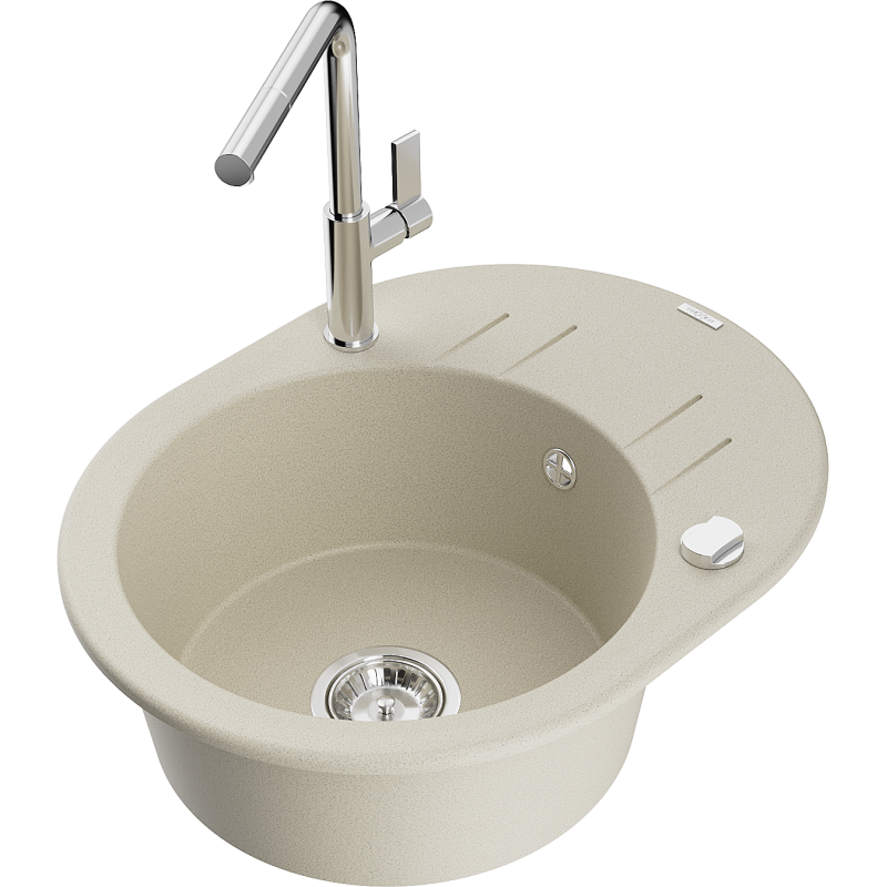 Mexen Kevin 1-bowl granite sink with drainer and Flora kitchen tap, beige - 6517-69-670401-00