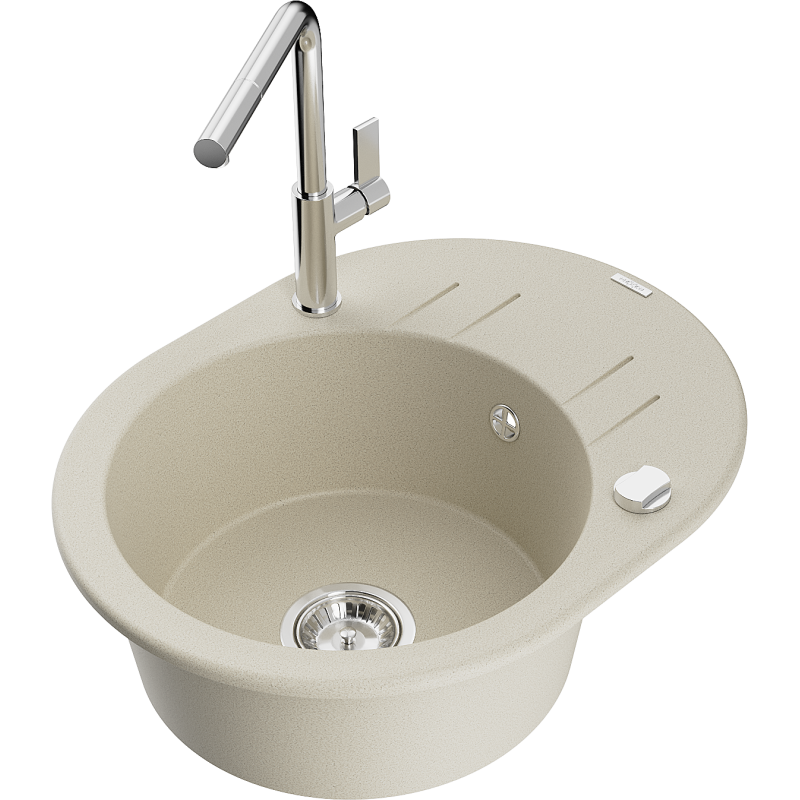 Mexen Kevin fregadero de granito de 1 cubeta con escurridor y grifo de cocina Flora, beige - 6517-69-670401-00