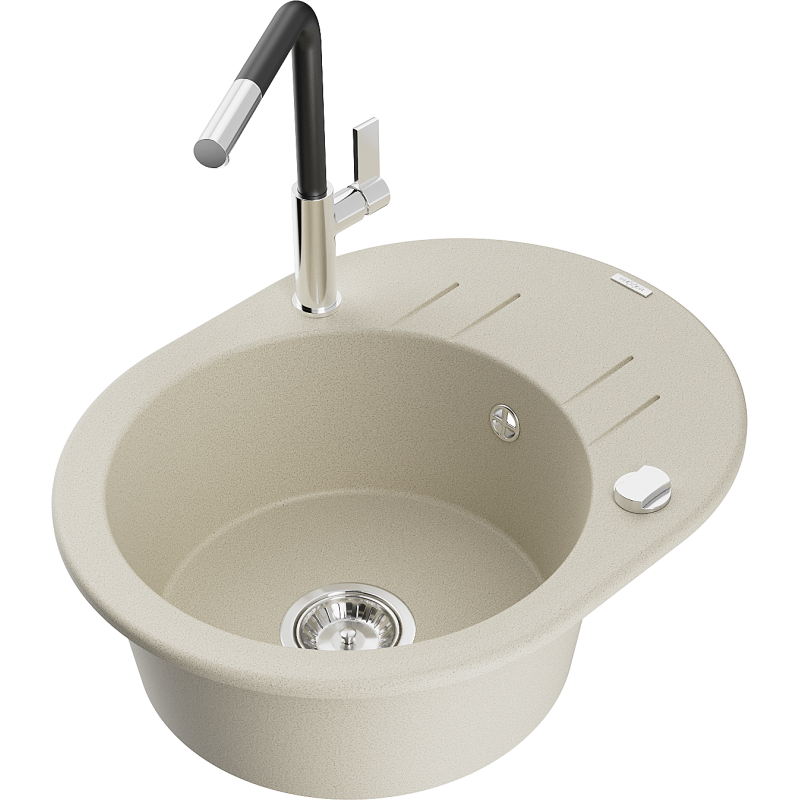 Mexen Kevin fregadero de granito de 1 cubeta con escurridor y grifo de cocina Flora, beige - 6517-69-670401-07