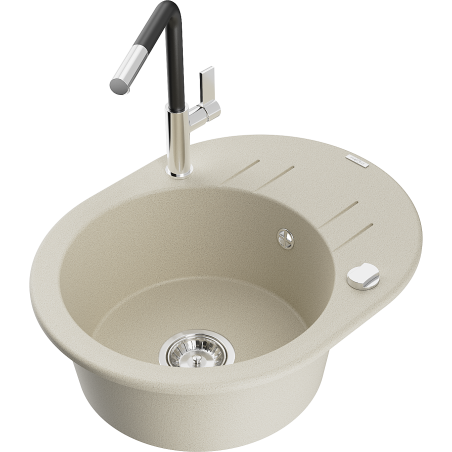 Mexen Kevin 1-bowl granite sink with drainer and Flora kitchen tap, beige - 6517-69-670401-07