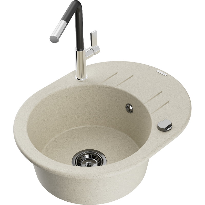 Mexen Kevin granieten spoelbak 1-comportement met afdruiprek en keukenmengkraan Flora, beige - 6517-69-670401-07-B