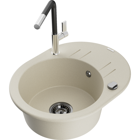 Mexen Kevin granit gootsteen 1-komorige met afdruiprek en keukenkraan Flora, beige - 6517-69-670401-07-B