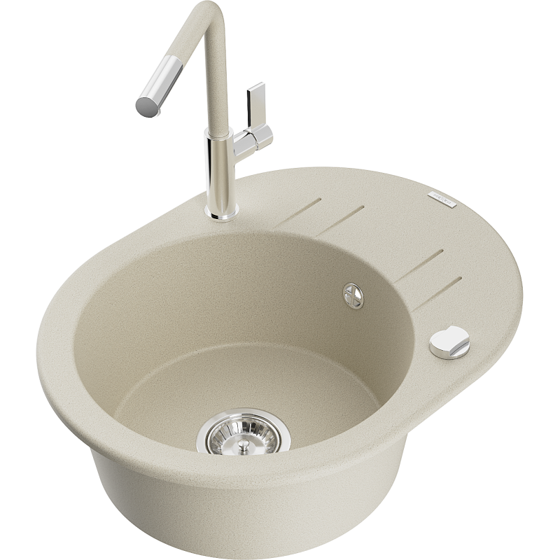 Mexen Kevin évier en granit 1 cuve avec égouttoir et robinet de cuisine Flora, beige - 6517-69-670401-09