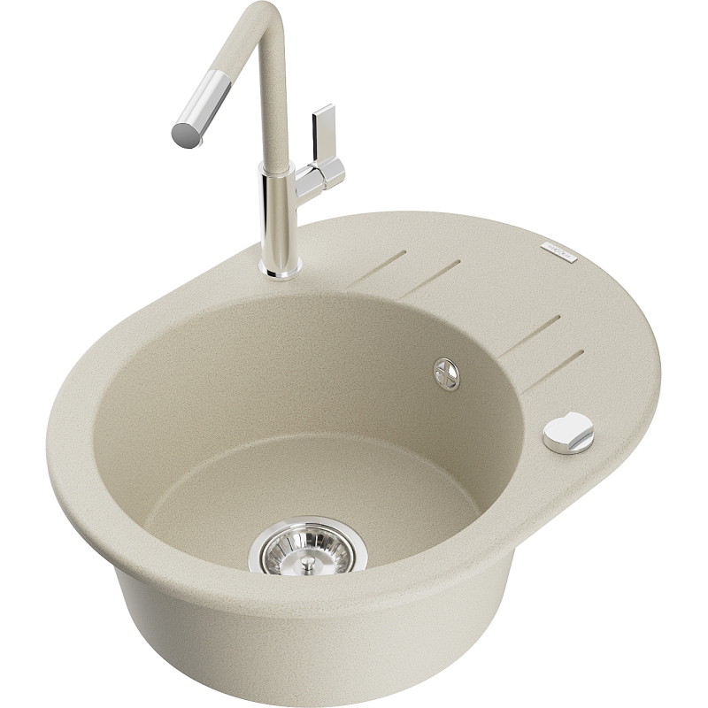 Mexen Kevin fregadero de granito de 1 seno con escurridor y grifo de cocina Flora, beige - 6517-69-670401-09