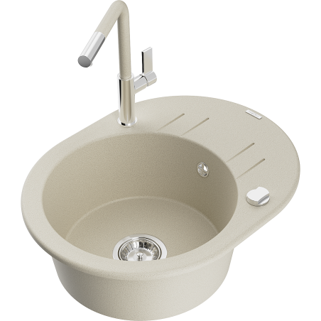 Mexen Kevin lavello da cucina in granito 1-vasca con scolapiatti e rubinetto da cucina Flora, beige - 6517-69-670401-09