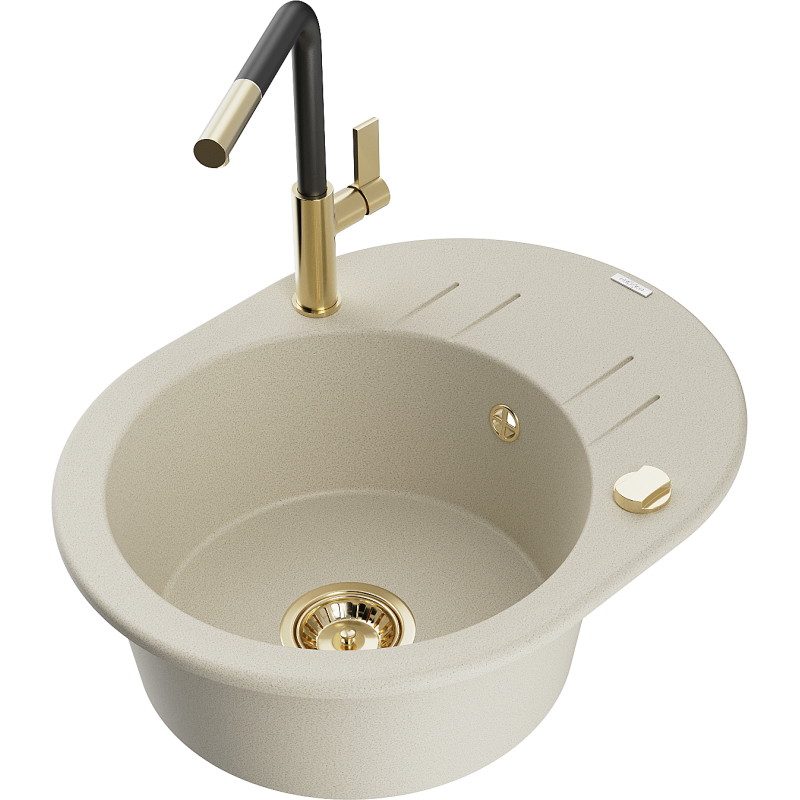 Mexen Kevin Granitspüle 1-beckig mit Abtropffläche und Küchenarmatur Flora, beige - 6517-69-670401-57-G