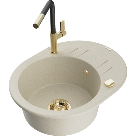 Mexen Kevin giet granieten gootsteen met 1 compartiment met afdruiprek en keukenkraan Flora, beige - 6517-69-670401-57-G
