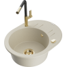 Mexen Kevin fregadero de granito de 1 compartimento con escurridor y grifo de cocina Flora, beige - 6517-69-670401-57-G