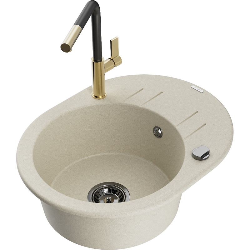 Mexen Kevin fregadero de granito de 1 seno con escurridor y grifo de cocina Flora, beige - 6517-69-670401-57-B