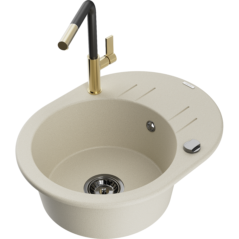 Mexen Kevin lava-loiça de granito de 1 bacia com escorredor e torneira de cozinha Flora, bege - 6517-69-670401-57-B