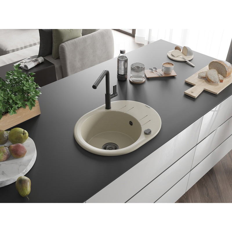 Mexen Kevin granitische gootsteen met 1 bak en afdruiprek en keukenmengkraan Flora, beige - 6517-69-670401-70-B