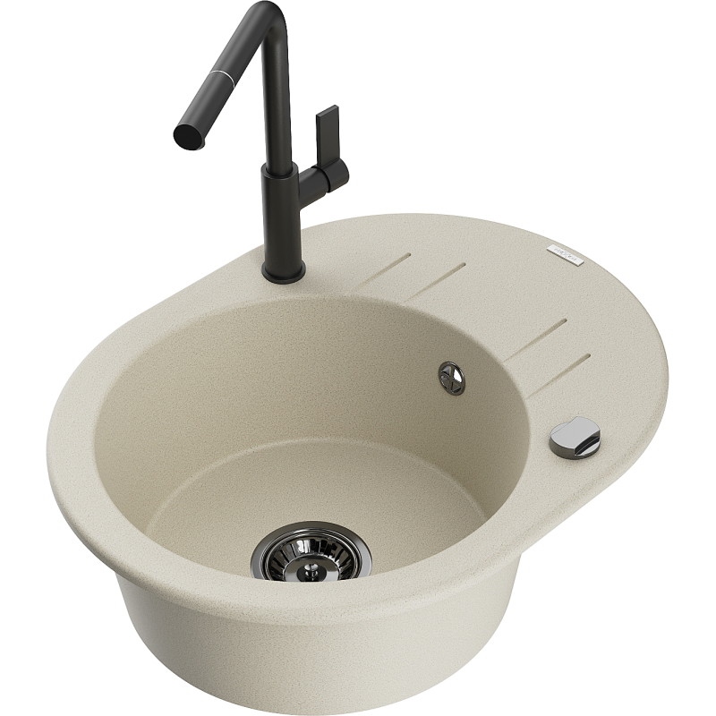 Mexen Kevin fregadero de granito de 1 seno con escurridor y grifo de cocina Flora, beige - 6517-69-670401-70-B