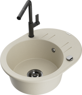 Mexen Kevin granite sink with 1 bowl, drainer and Flora kitchen tap, beige - 6517-69-670401-70-B