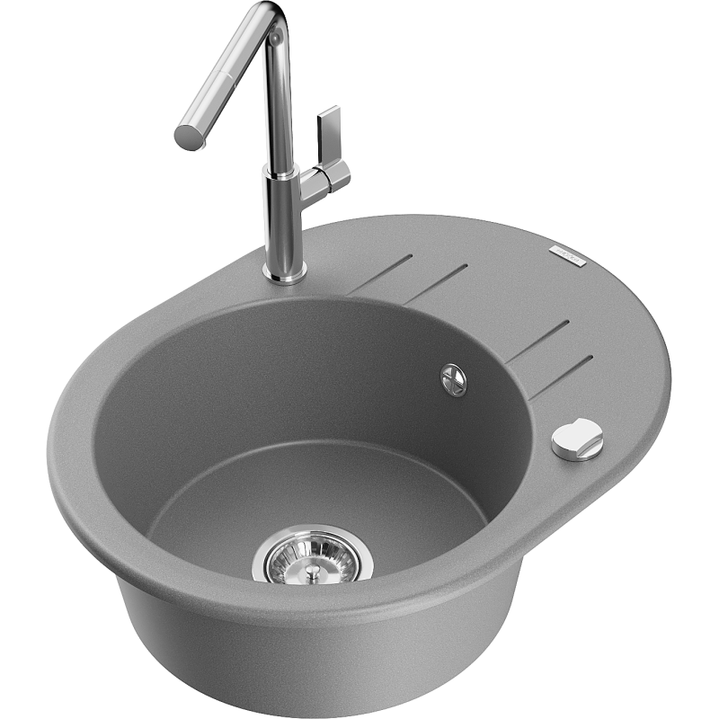Mexen Kevin 1-bowl granite sink with drainer and Flora kitchen tap, grey - 6517-71-670401-00