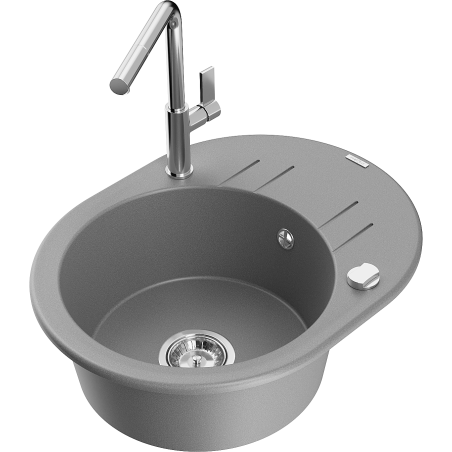 Mexen Kevin 1-bowl granite sink with drainer and Flora kitchen tap, grey - 6517-71-670401-00