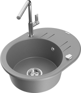 Mexen Kevin granite kitchen sink, single-bowl with drainer and Flora kitchen faucet, gray - 6517-71-670401-00