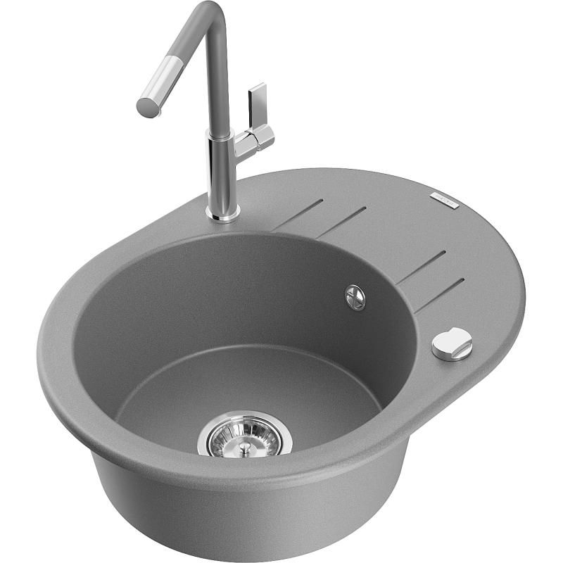 Mexen Kevin fregadero de granito de 1 cámara con escurridor y grifo de cocina Flora, gris - 6517-71-670401-06