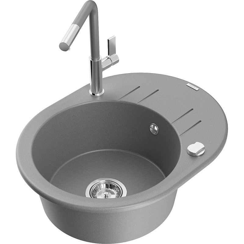 Mexen Kevin fregadero de granito de una cubeta con escurridor y grifo de cocina Flora, gris - 6517-71-670401-06