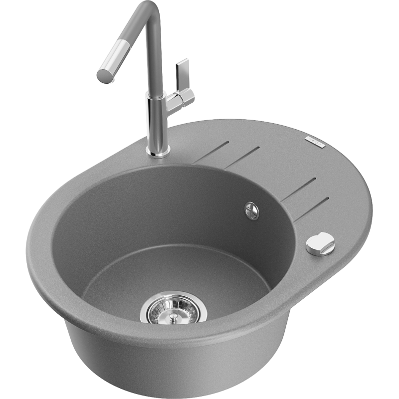 Mexen Kevin single-bowl granite sink with drainer and Flora kitchen tap, grey - 6517-71-670401-06