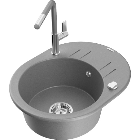 Mexen Kevin single-bowl granite sink with drainer and Flora kitchen tap, grey - 6517-71-670401-06