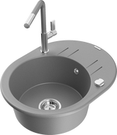 Mexen Kevin single-bowl granite sink with drainer and Flora kitchen tap, grey - 6517-71-670401-06