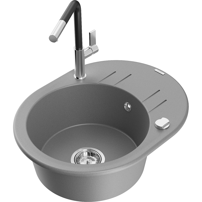 Mexen Kevin lava-loiça de granito de uma bacia com escorredor e misturadora de cozinha Flora, cinza - 6517-71-670401-07