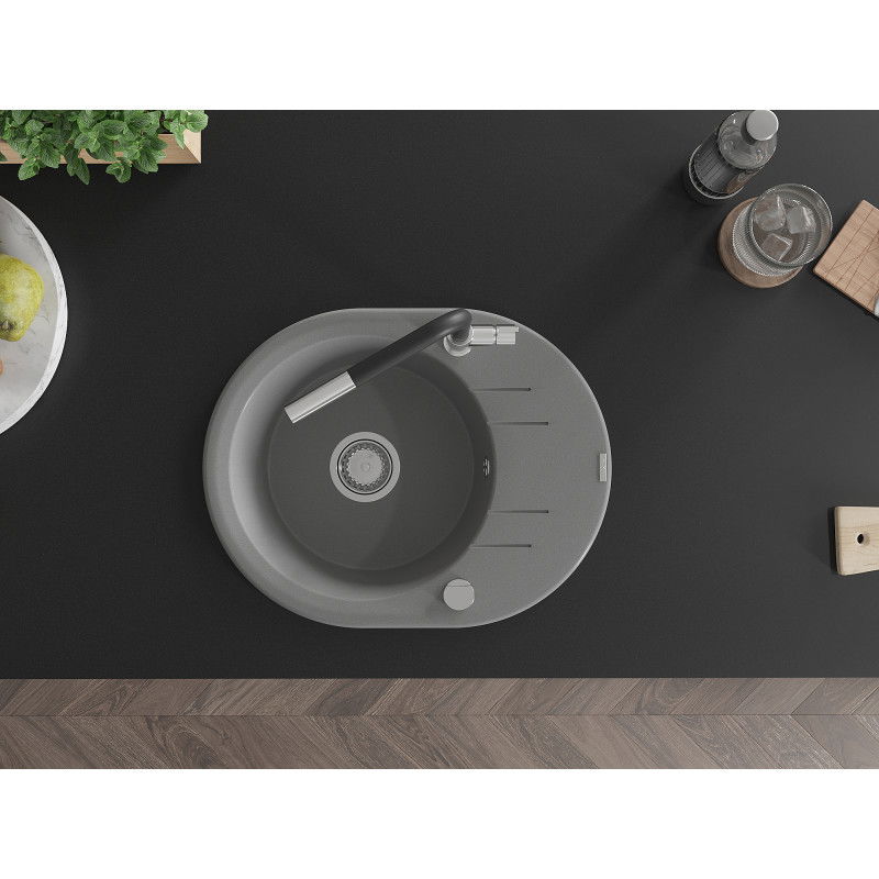 Mexen Kevin fregadero de granito de 1 cubeta con escurridor y grifo de cocina Flora, gris - 6517-71-670401-07