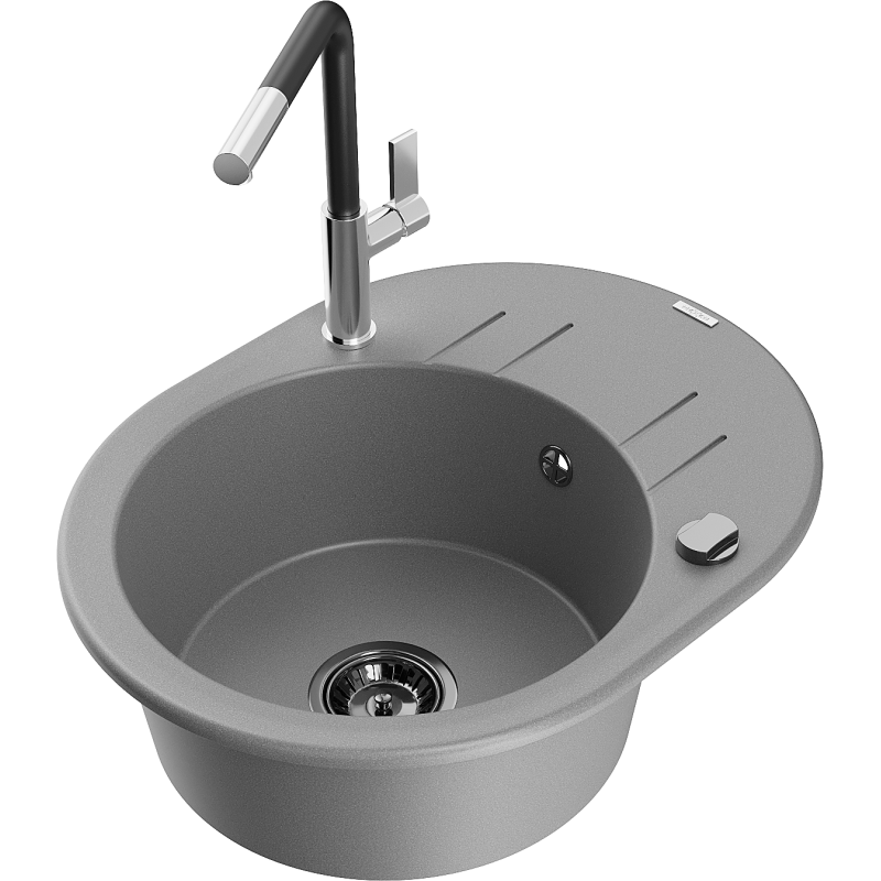 Mexen Kevin granite sink 1-bowl with drainer and Flora kitchen tap, grey - 6517-71-670401-07-B
