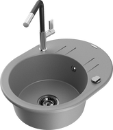 Mexen Kevin 1-bowl granite kitchen sink with drainer and Flora kitchen faucet, gray - 6517-71-670401-07-B
