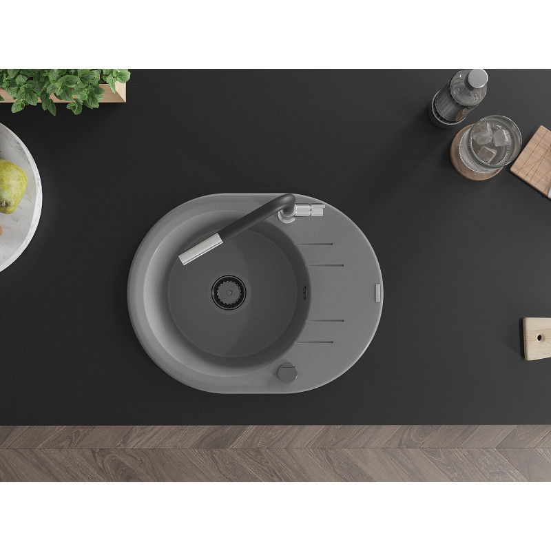 Mexen Kevin granite sink 1-bowl with drainer and Flora kitchen tap, grey - 6517-71-670401-07-B