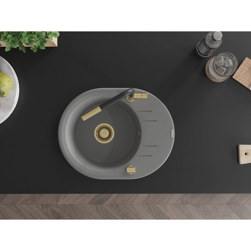 Mexen Kevin fregadero de granito de 1 cubeta con escurridor y grifo de cocina Flora, gris - 6517-71-670401-57-G