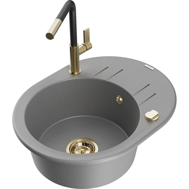 Mexen Kevin fregadero de granito de 1 cubeta con escurridor y grifo de cocina Flora, gris - 6517-71-670401-57-G