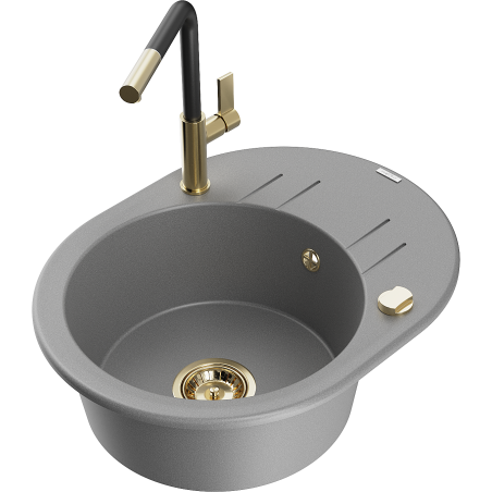 Mexen Kevin fregadero de granito de 1 compartimento con escurridor y grifo de cocina Flora, gris - 6517-71-670401-57-G