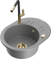 Mexen Kevin granite sink 1-bowl with drainer and Flora kitchen tap, grey - 6517-71-670401-57-G