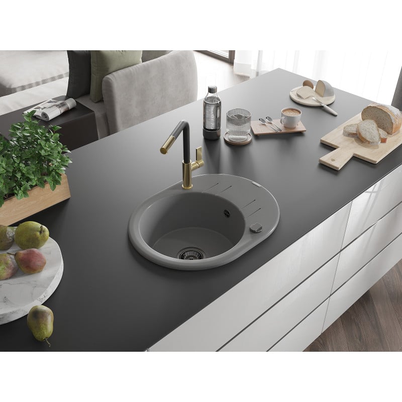 Mexen Kevin fregadero de granito de 1 seno con escurridor y grifo de cocina Flora, gris - 6517-71-670401-57-B