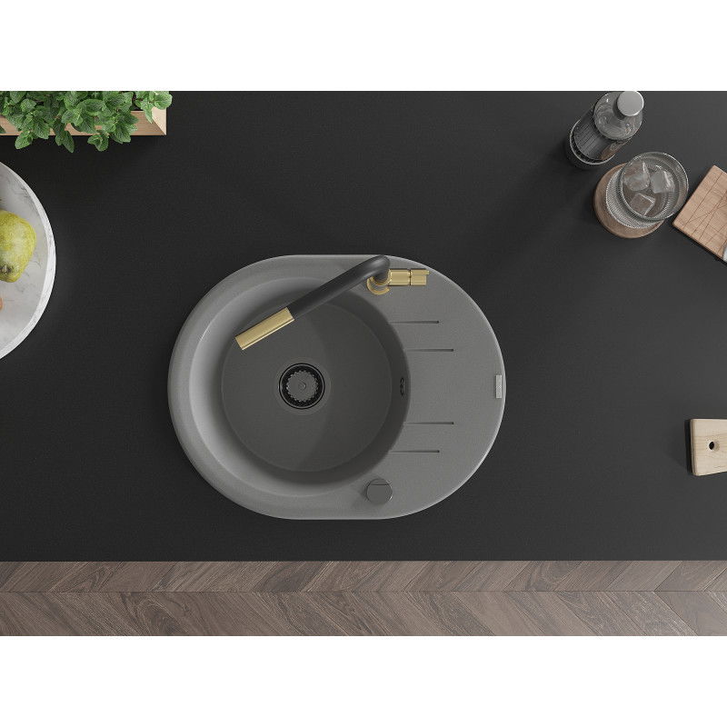 Mexen Kevin 1-bowl granite sink with drainer and Flora kitchen tap, grey - 6517-71-670401-57-B