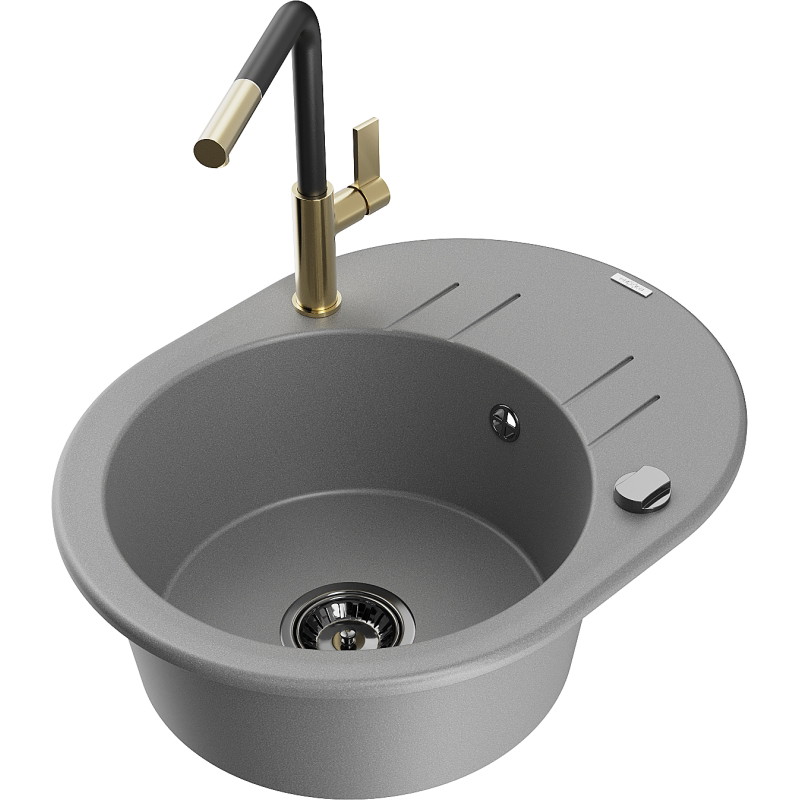 Mexen Kevin Fregadero de granito de 1 cubeta con escurridor y grifo de cocina Flora, gris - 6517-71-670401-57-B