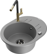 Mexen Kevin 1-bowl granite sink with drainer and Flora kitchen faucet, gray - 6517-71-670401-57-B