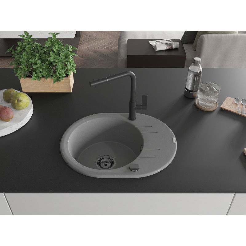 Mexen Kevin granite 1-bowl sink with drainer and Flora kitchen tap, grey - 6517-71-670401-70-B