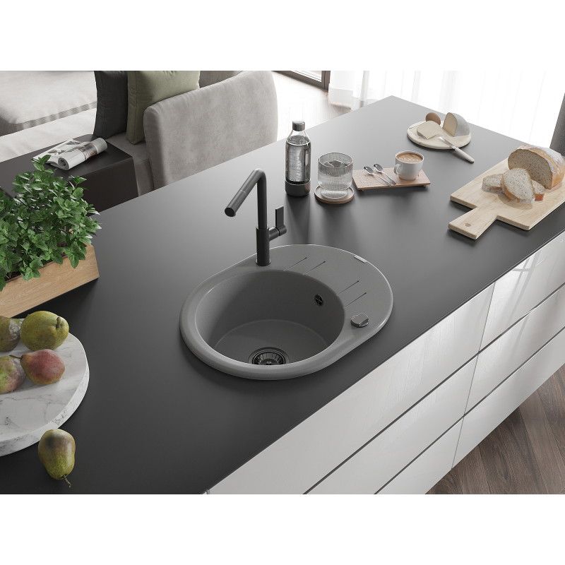 Mexen Kevin Granitspüle einteilig mit Abtropffläche und Küchenarmatur Flora, grau - 6517-71-670401-70-B