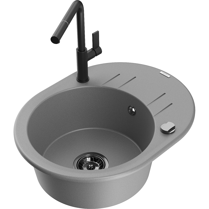 Mexen Kevin granieten gootsteen met 1 kom, afdruiprek en Flora keukenmengkraan, grijs - 6517-71-670401-70-B