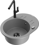 Mexen Kevin granit kitchen sink 1-bowl with drainer and Flora kitchen faucet, gray - 6517-71-670401-70-B