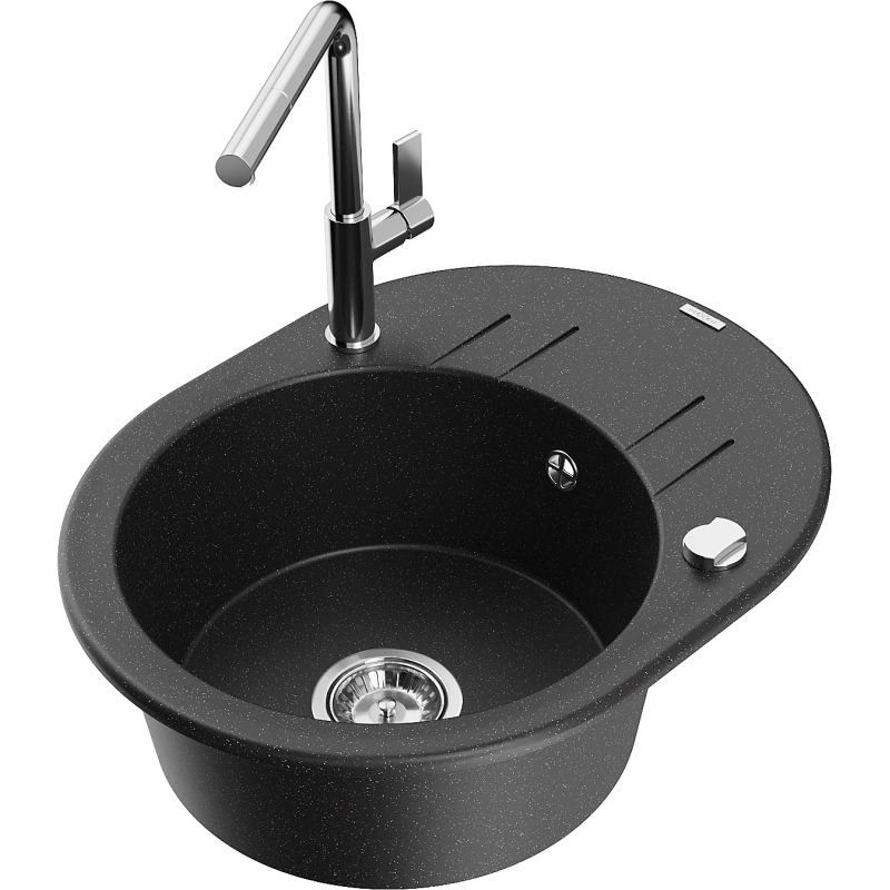 Mexen Kevin lavello in granito a 1 vasca con sgocciolatoio e rubinetto da cucina Flora, nero/metallo argenteo