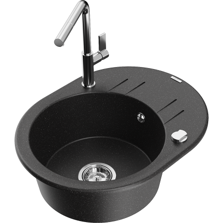 Mexen Kevin granieten spoelbak 1-komor met afdruiprek en keukenkraan Flora, zwart/zilver metallic - 6517-73-670401-00
