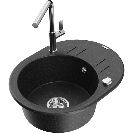 Mexen Kevin lavello in granito a 1 vasca con sgocciolatoio e rubinetto da cucina Flora, nero/metallo argenteo