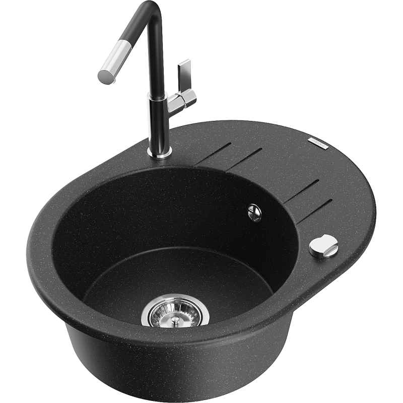 Mexen Kevin 1-bowl granite sink with drainer and Flora kitchen tap, black/silver metallic - 6517-73-670401-07