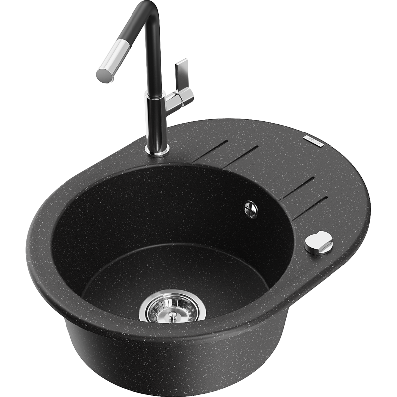 Mexen Kevin graniittinen yksialtainen allas valutusalueella ja Flora-keittiöhanalla, musta/hopeakuvioitu metalli